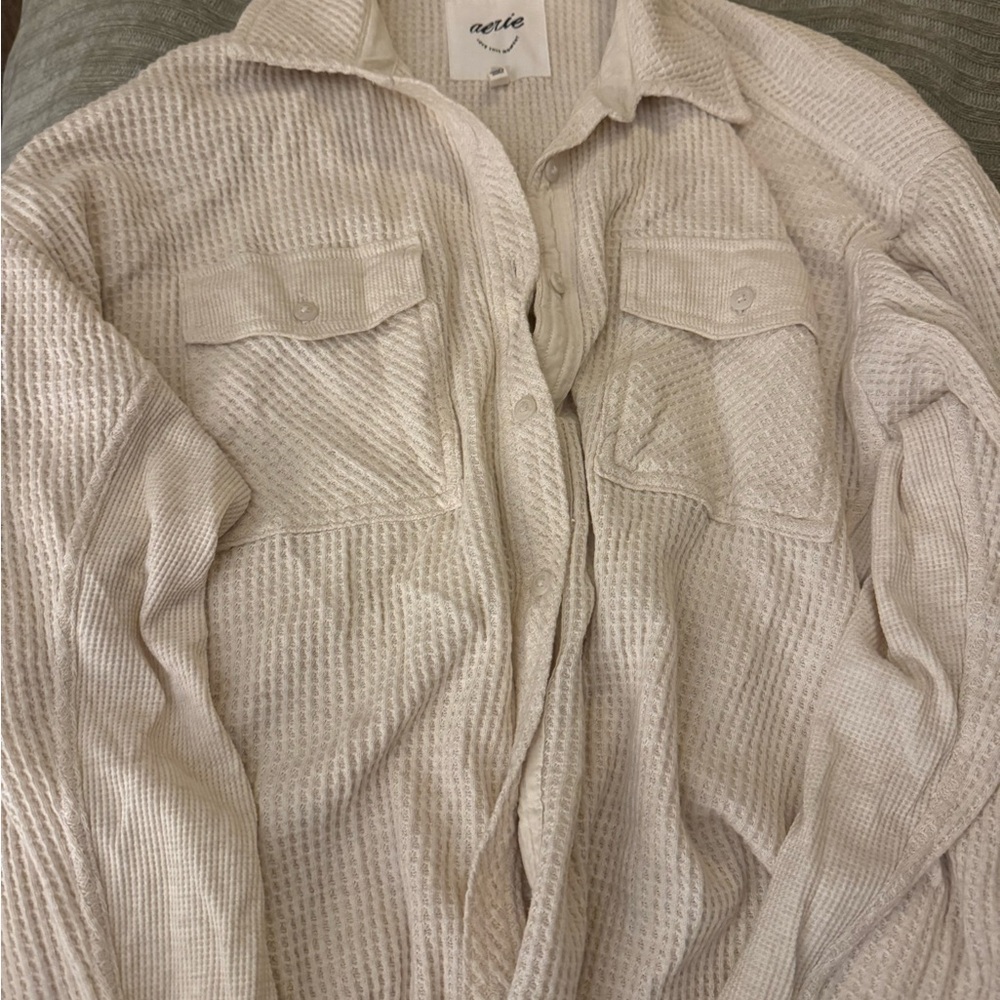 Aerie Cream Waffle Knit Shirt Jacket
